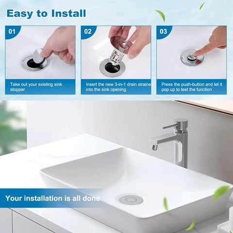 Installation steps for Heavy Duty Two Pack Bathroom Sink Drain Strainer With Slick Pop Up Stopper and Triple Layer Filtering.