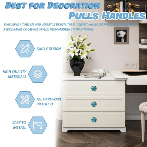 Slick Turquoise Crystal Cabinet Knobs Add That Dope Marble Finish To Any Kitchen Drawers Bathroom Vanity Or Bedroom Dresser Includes All Necessary Mounting Hardware For A Quick Top Shelf Upgrade on modern white dresser with flowers.