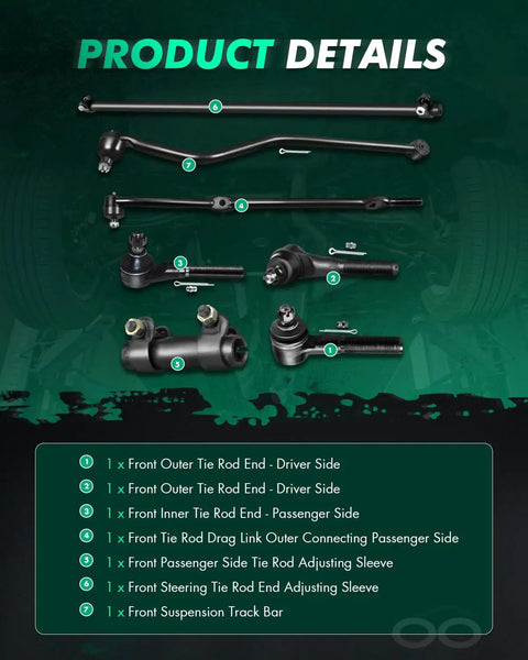 Beefed Up Front Inner And Outer Tie Rod Set For Jeep Wrangler TJ 1997 2006 7 Piece Suspension Kit With Front Tie Rod Ends Replacement Heavy Duty Steering For Off Road Performance, 7-piece black steel tie rods and sleeves