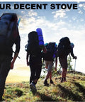 Hikers with backpacks, carrying a lightweight foldable camping stove with piezo ignition for hiking and picnics
