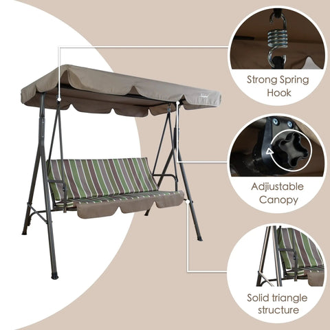 Three Seat Outdoor Patio Swing With Adjustable Canopy Heavy Duty Steel Frame Weather Resistant Build Removable Cushions