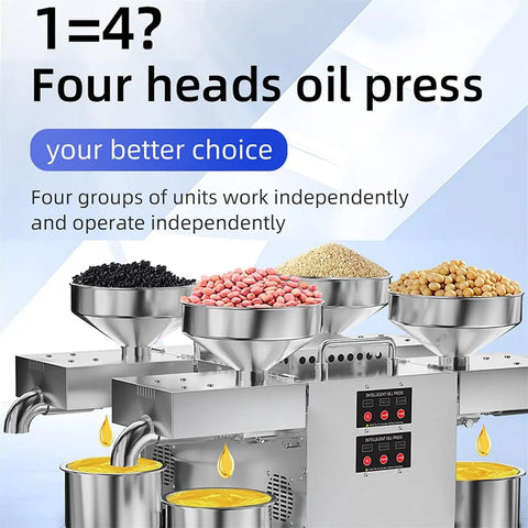 Hot And Cold Pressing Automatic Electric Oil Extractor Machine 2400W Seed Crusher with four stainless steel hoppers and oil output.