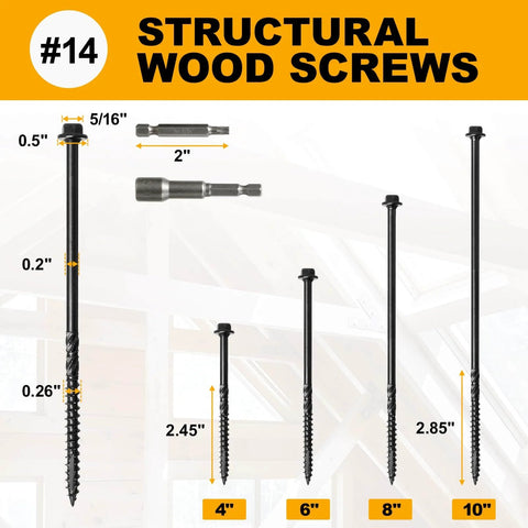 6-inch, 14x6 wood structural screws with hex head and rustproof build, shown with size comparisons and drill bit for timber use