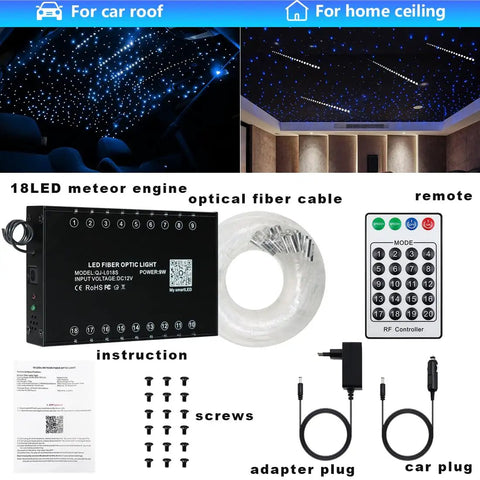 Pure White Meteor Shooting Stars Fiber Optic Lights Kit With 18 LED Meteor Engine 144 Fiber Cables, remote, and accessories