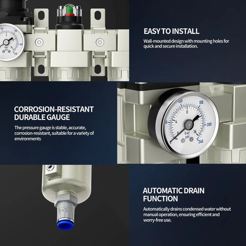 Badass High Flow 3/4 Inch NPT Air Compressor Dryer System with durable gauge; features automatic drain function for efficient use.