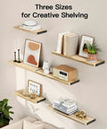 Solid Natural Paulownia Wood Floating Shelves Set Of Six displayed in three sizes with books, decor, and plants on a wall.