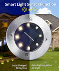 Solar Ground Lights 12 Pack With 8 LED Waterproof Disk Pathway Lights showcasing auto-light sensor function at night
