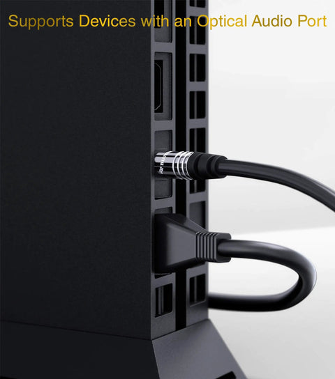 Epic 25 Ft Toslink Optical Audio Cable With Crystal Clear Surround Sound For Dolby Digital Dts Zero Electrical Interference Top Shelf Quality For Home Theater Gaming And Streaming Setup Plug And Play Works Like A Charm With No Fuzz connected to device optical audio port.