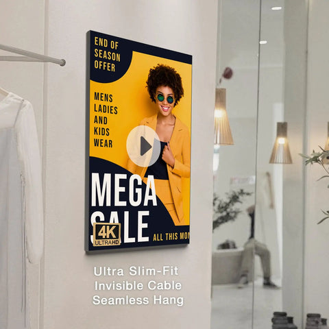 Heavy Duty 100 Inch Digital Signage Display Featuring Kickass 4K Resolution And Ultra Thin Zero Point Six Eight Bezel on wall.