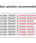 Size chart for Round Tempered Glass Lazy Susan For Dining Table 31 To 43 Inch, showing recommended diameters and table sizes.