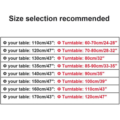 Size chart for Round Tempered Glass Lazy Susan For Dining Table 31 To 43 Inch, showing recommended diameters and table sizes.