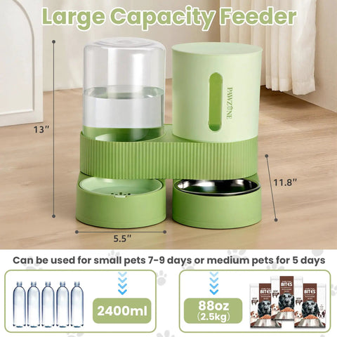 Automatic Pet Feeder And Gravity Water Dispenser Set Giving Busy Pet Parents A Peace Of Mind With Heavy Duty Stainless Steel Bowls For Cats Dogs And Puppies Ensuring Fur Kids Stay Well Fed And Hydrated Daily In Green with large capacity and measurements.
