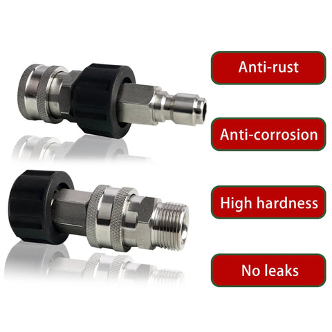 LIULO TOOL stainless steel pressure washer quick-connect kit, front view; M22 to 3/8 inch, swivel, 4-pack