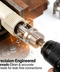 All In One PVC Pipe Threader Kit With Internal And External Dies For One Half And Three Quarter Inch Pipes in use with drill
