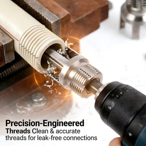 All In One PVC Pipe Threader Kit With Internal And External Dies For One Half And Three Quarter Inch Pipes in use with drill