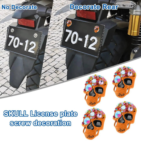 Dope Skull License Plate Screws Kit With Sparkling Diamond Inlays Orange Finish, Stainless Steel And Aluminum Alloy Bolts
