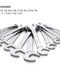 Premium 14 Piece Angle Head Open End Wrench Set In Chrome Vanadium Steel With Rust Resistant Mirror Finish, sizes on display