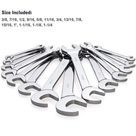 Premium 14 Piece Angle Head Open End Wrench Set In Chrome Vanadium Steel With Rust Resistant Mirror Finish, sizes on display