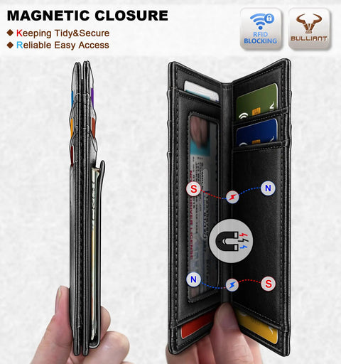 Magnetic Closure Slim Leather Front Pocket Wallet For Men With RFID Blocking That Holds 12 Cards And A Cash Clip Real Leather Card Holder Open View