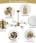 Six Light Sputnik Modern Pendant Chandelier With Opal White Glass Globes Height Adjustable For Flat Or Sloped Ceilings Gold Finish