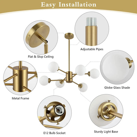 Six Light Sputnik Modern Pendant Chandelier With Opal White Glass Globes Height Adjustable For Flat Or Sloped Ceilings Gold Finish