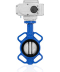 Snag This Badass 12 Inch Wafer Butterfly Valve With 24V DC Electric Actuator featuring blue body and stainless steel disc.