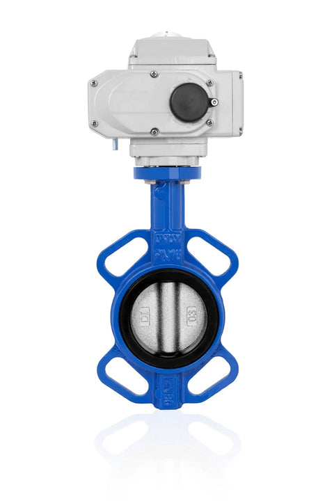Snag This Badass 12 Inch Wafer Butterfly Valve With 24V DC Electric Actuator featuring blue body and stainless steel disc.