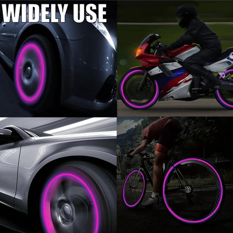 Eight Pack Fluorescent Glow Tire Valve Stem Caps Lit Car Tire Air Caps That Are Corrosion Resistant And Leak Proof Wheel Valve Covers Universal Fit For Cars Trucks Bikes Motorcycles Bicycles Pink installed on various vehicles at night.