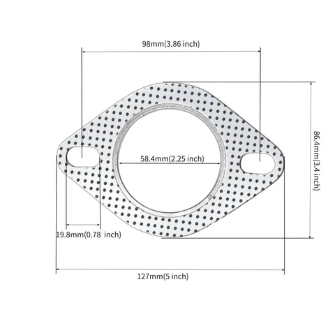 Exhaust flange gasket, 2-piece graphite with fire ring; 58.4 mm bore (2.25 in) and two oblong bolt holes.