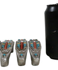 Set Of Four Hella Stylish Southwestern Turquoise Cross Drawer Pulls With Sparkling Rhinestone next to a black beverage can