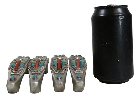 Set Of Four Hella Stylish Southwestern Turquoise Cross Drawer Pulls With Sparkling Rhinestone next to a black beverage can