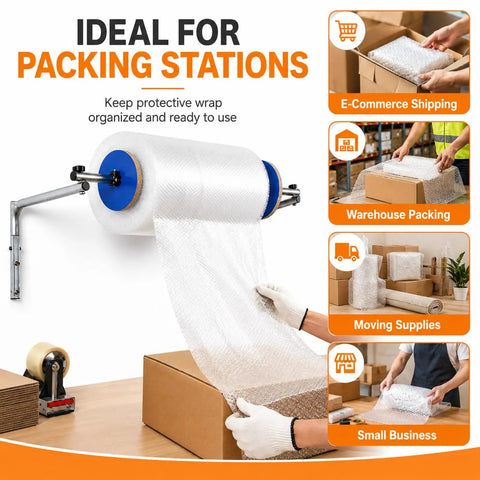 Heavy Duty Wall Mount Bubble Wrap Dispenser Rock Solid Galvanized Steel Bubble Cushioning Roll Holder with protective wrap.