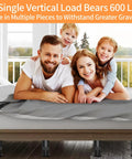 Family smiling on bed with Heavy Duty Adjustable Bed Support Legs Eight Pack for stable reinforcement of furniture.