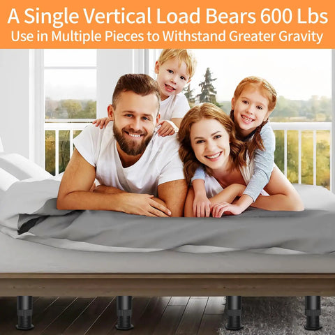 Family smiling on bed with Heavy Duty Adjustable Bed Support Legs Eight Pack for stable reinforcement of furniture.