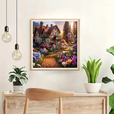 Framed 5D Diamond Painting Kit For Adults And Beginners Easy DIY Flower House Art With Full Round Drill Diamonds on wall