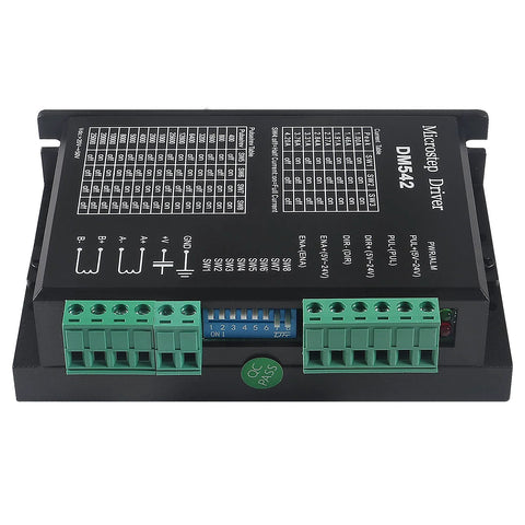 DM542 microstep driver module, front view with blue DIP switches and dual green terminal blocks