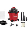 Professional 20 Gallon Wet Dry Shop Vacuum With Six Point Five Peak Horsepower includes hose, attachments, and filter for versatile cleanup.