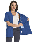 Model wearing Cozy Post Surgery Mastectomy Shirt With Drain Pockets For Recovery, showing inner pockets, in royal blue