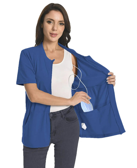 Model wearing Cozy Post Surgery Mastectomy Shirt With Drain Pockets For Recovery, showing inner pockets, in royal blue