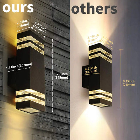 Comparison of our 12.8 Inch LED Outdoor Rectangle Wall Sconce Light with another design, highlighting dimensions and warm white lighting.