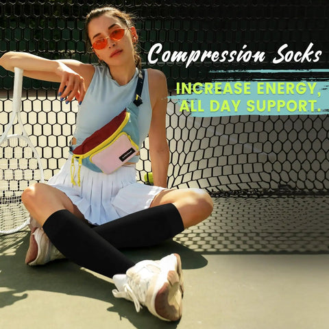 Compression Socks 15 To 20 MmHg All Day Comfort For Men And Women 8 Pairs Circulation Support Unisex Size L To XL worn outdoors.