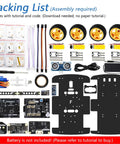 Four Wheel Drive Robot Car Kit Compatible With Arduino IDE Featuring Line Tracking And Obstacle Avoidance Wireless Control App Ultrasonic Sensor And Servo Motor DIY Ready Battery Not Included components laid out for assembly
