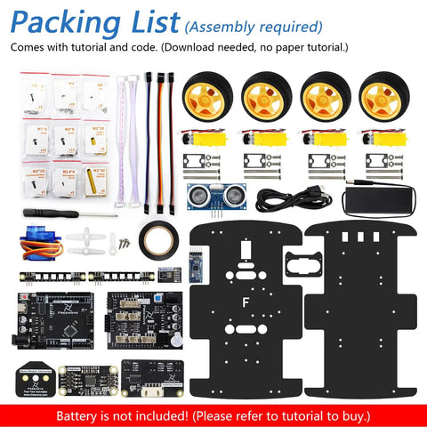 Four Wheel Drive Robot Car Kit Compatible With Arduino IDE Featuring Line Tracking And Obstacle Avoidance Wireless Control App Ultrasonic Sensor And Servo Motor DIY Ready Battery Not Included components laid out for assembly