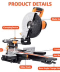 Heavy Duty 10 Inch Sliding Miter Saw With Dual Speed Motor And Razor Sharp Carbide Blade For No Sweat Cuts Quick Angle Adjustments Smooth Operator Build Etl Certified Power Tool showing features like the blade guard, clamping device, and miter scale.