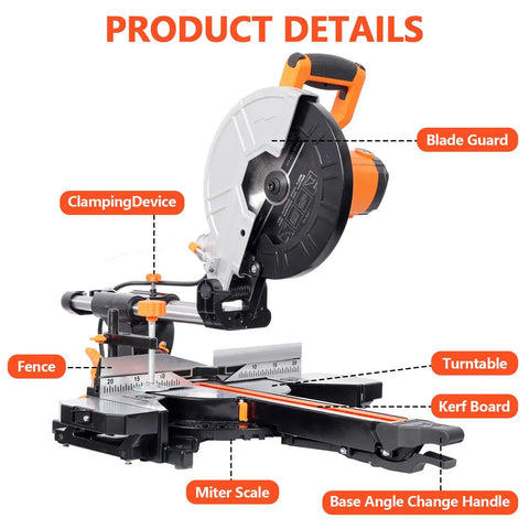 Heavy Duty 10 Inch Sliding Miter Saw With Dual Speed Motor And Razor Sharp Carbide Blade For No Sweat Cuts Quick Angle Adjustments Smooth Operator Build Etl Certified Power Tool showing features like the blade guard, clamping device, and miter scale.
