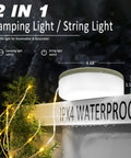 Rechargeable 32.8ft Camping String Light with Lamp Waterproof LED Hanging Light, IPX4 rating, dual switch, greenery background.