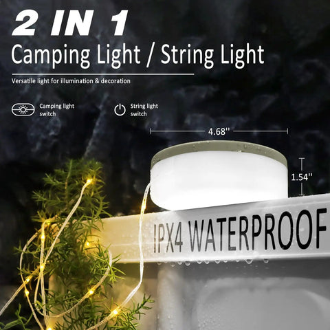 Rechargeable 32.8ft Camping String Light with Lamp Waterproof LED Hanging Light, IPX4 rating, dual switch, greenery background.