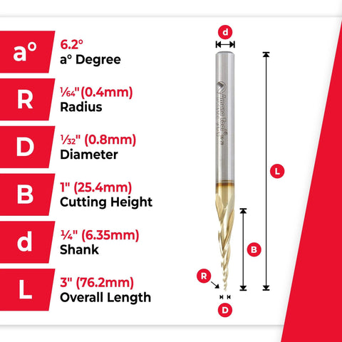 CNC Carving Ball Nose Router Bit With ZrN Coating, HSS, 6.2° tapered, 1/32" diameter, 1/64" radius, 1/4" shank, 3" length, three flutes