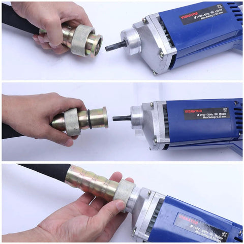 Three views showing assembly of Handheld Power Concrete Vibrator 15000 RPM 1500W 2HP Electric Vibrator with blue housing.
