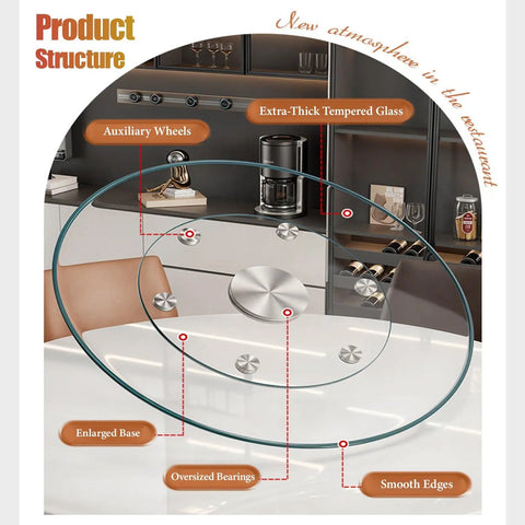 Tempered Glass Lazy Susan Turntable For Dining Table, 360 Degree Ultra Smooth Quiet Spin, Six Wheel Rotating Tray Centerpiece